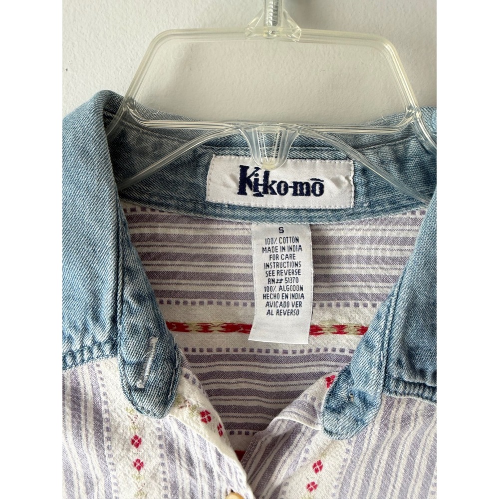 Kiko-mo Vintage 100% Cotton Button Down Shirt Striped Floral Denim Collar Small - Picture 2 of 7